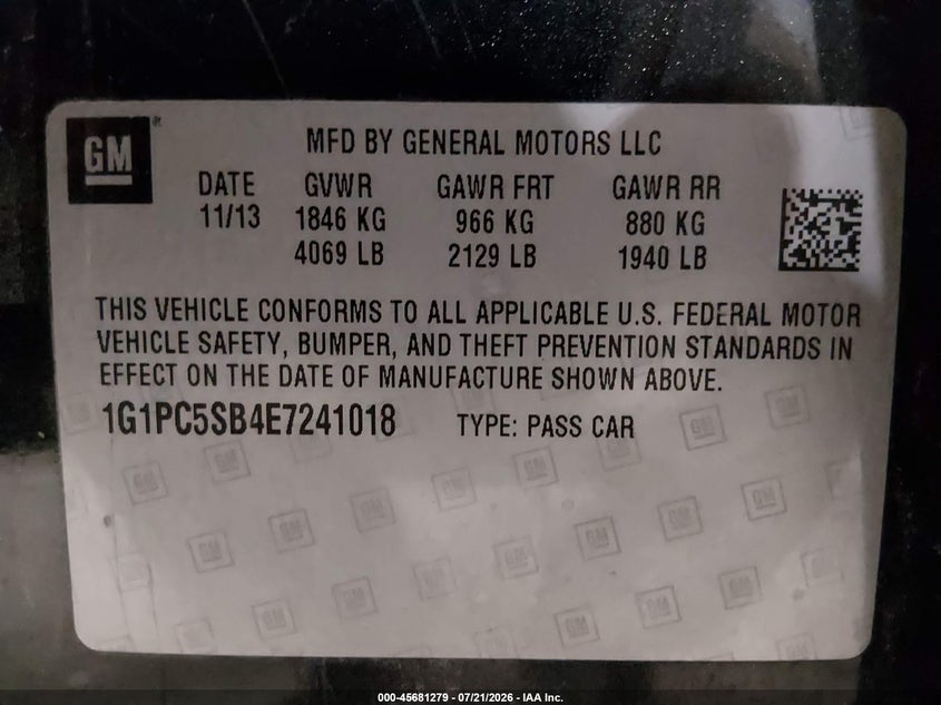 2014 Chevrolet Cruze 1Lt Auto VIN: 1G1PC5SB4E7241018 Lot: 45681279