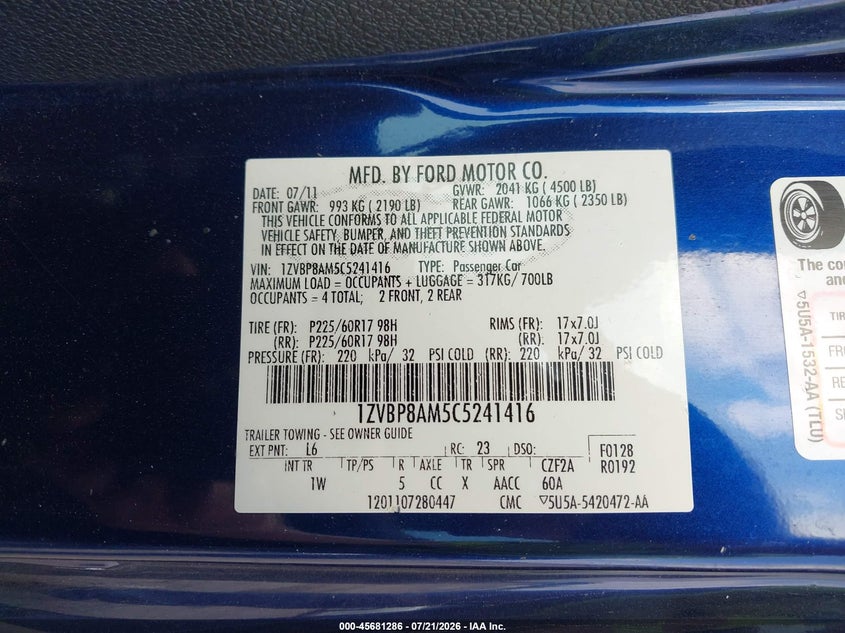 2012 Ford Mustang V6 VIN: 1ZVBP8AM5C5241416 Lot: 45681286