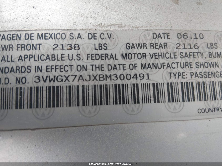 2011 Volkswagen Jetta 2.5L Sel VIN: 3VWGX7AJXBM300491 Lot: 45681313