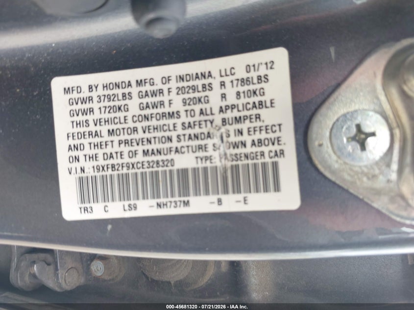 2012 Honda Civic Ex-L VIN: 19XFB2F9XCE328320 Lot: 45681320