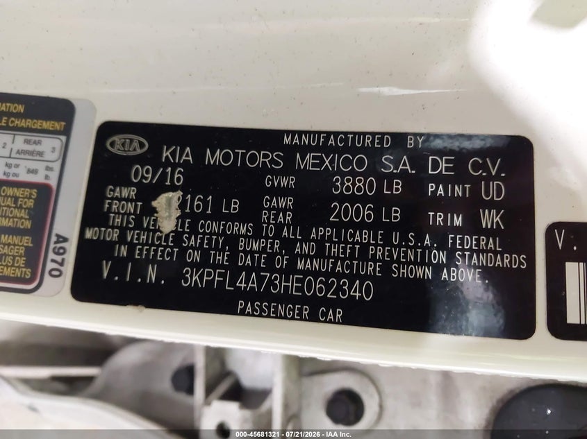 2017 Kia Forte S VIN: 3KPFL4A73HE062340 Lot: 45681321
