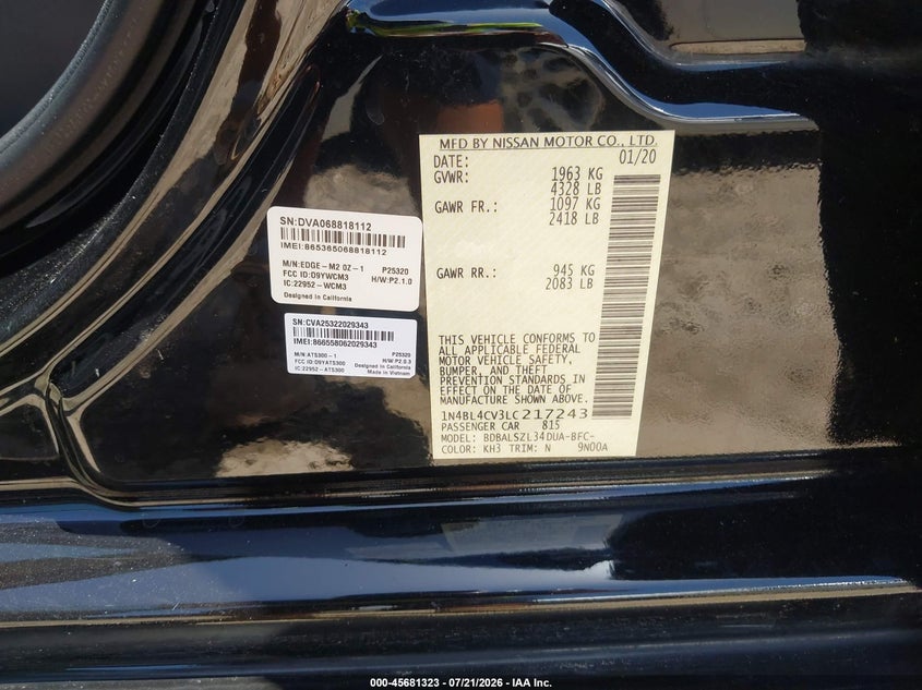 2020 Nissan Altima Sr Fwd VIN: 1N4BL4CV3LC217243 Lot: 45681323