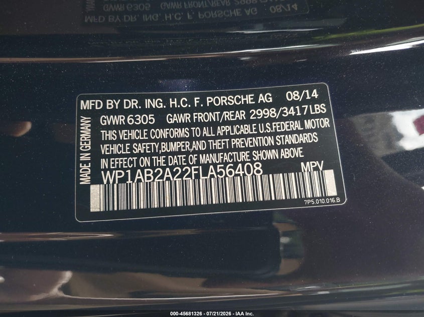 2015 Porsche Cayenne S VIN: WP1AB2A22FLA56408 Lot: 45681326