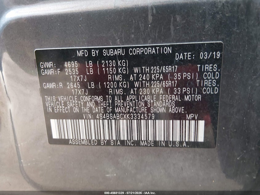 2019 Subaru Outback 2.5I VIN: 4S4BSABCXK3334579 Lot: 45681329