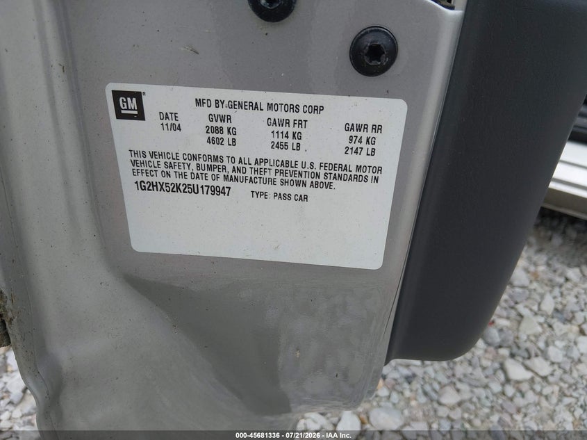 2005 Pontiac Bonneville Se VIN: 1G2HX52K25U179947 Lot: 45681336