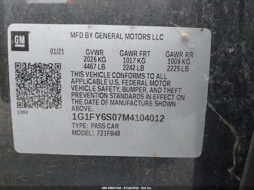 2021 Chevrolet Bolt Ev Fwd Lt VIN: 1G1FY6S07M4104012 Lot: 45681348
