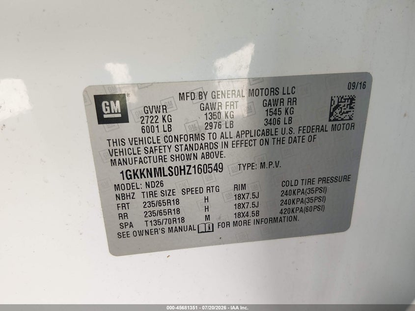 2017 GMC Acadia Slt-1 VIN: 1GKKNMLS0HZ160549 Lot: 45681351