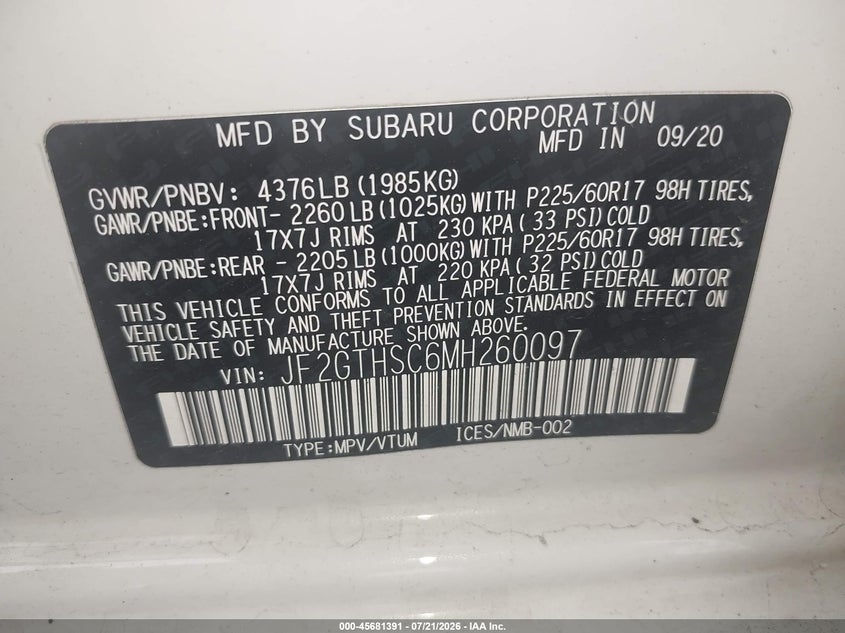 2021 Subaru Crosstrek Sport VIN: JF2GTHSC6MH260097 Lot: 45681391