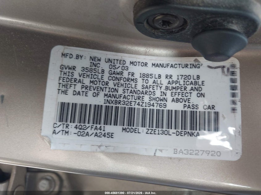 2004 Toyota Corolla Le VIN: 1NXBR32E74Z194769 Lot: 45681390