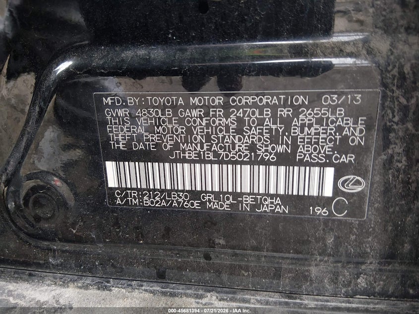 2013 Lexus Gs 350 VIN: JTHBE1BL7D5021796 Lot: 45681394