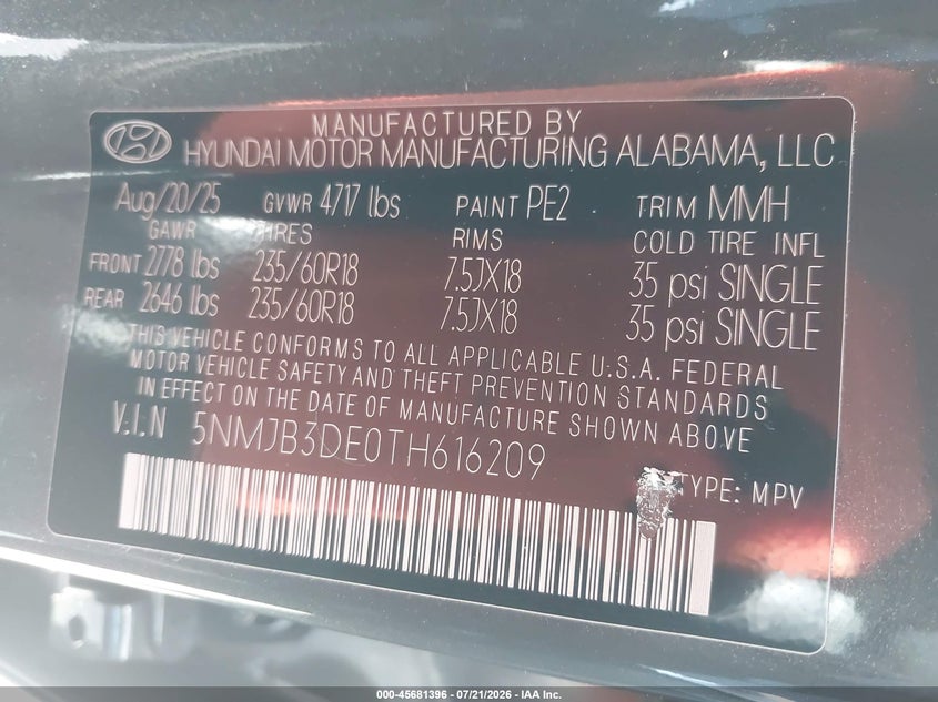 2026 Hyundai Tucson Sel VIN: 5NMJB3DE0TH616209 Lot: 45681396