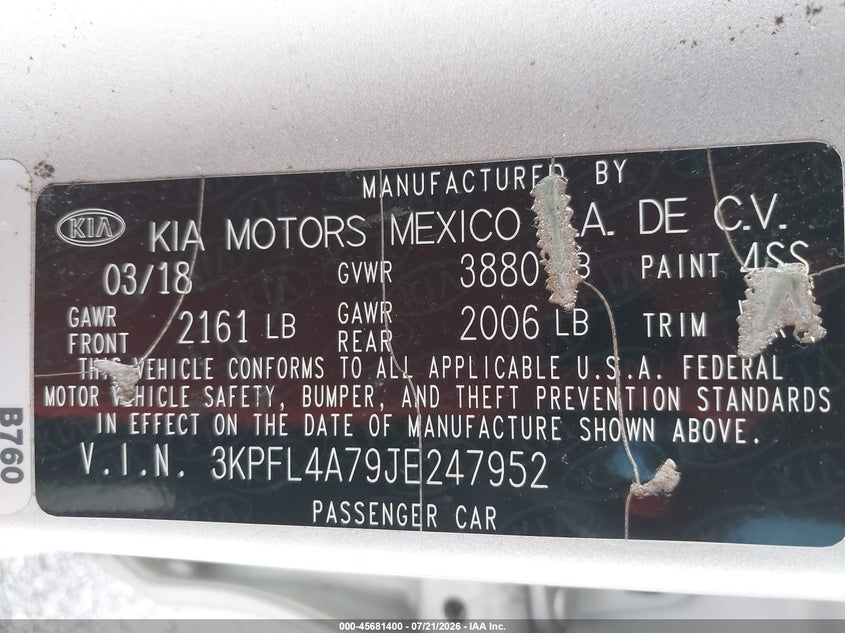 2018 Kia Forte Lx VIN: 3KPFL4A79JE247952 Lot: 45681400