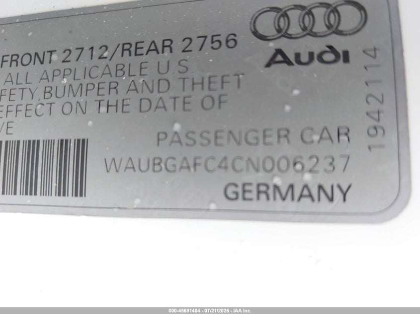2012 Audi A6 3.0T Premium Plus VIN: WAUBGAFC4CN006237 Lot: 45681404
