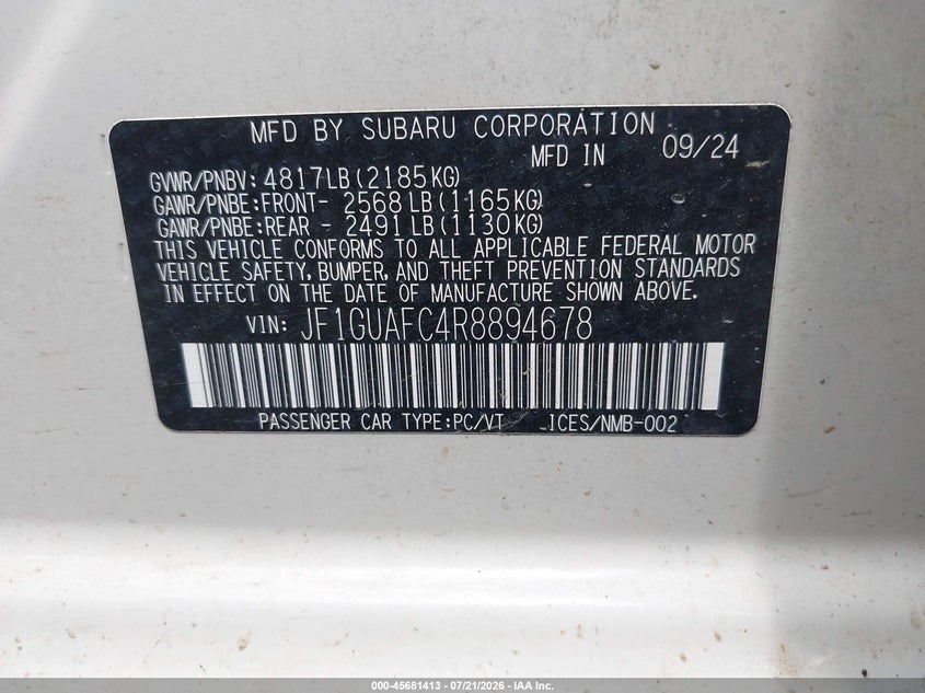2024 Subaru Impreza Sport 5-Door VIN: JF1GUAFC4R8894678 Lot: 45681413