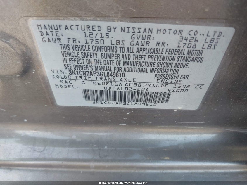 2016 Nissan Versa 1.6 Sv VIN: 3N1CN7AP3GL849610 Lot: 45681423