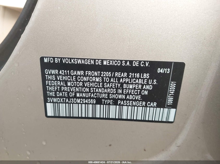 2013 Volkswagen Jetta 2.5L Se VIN: 3VWDX7AJ3DM294569 Lot: 45681424