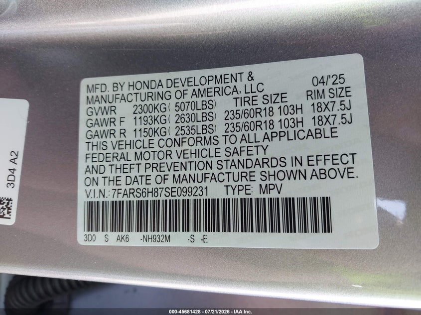 2025 Honda Cr-V Hybrid Sport-L VIN: 7FARS6H87SE099231 Lot: 45681428