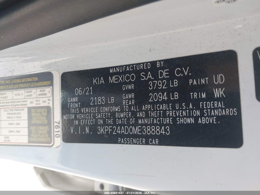2021 Kia Forte Lxs VIN: 3KPF24AD0ME388843 Lot: 45681437