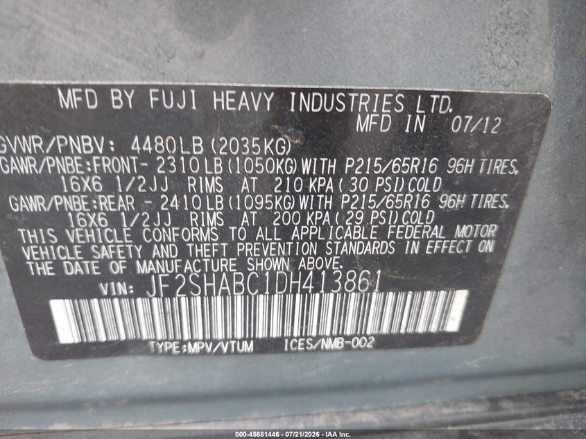 2013 Subaru Forester 2.5X VIN: JF2SHABC1DH413861 Lot: 45681446