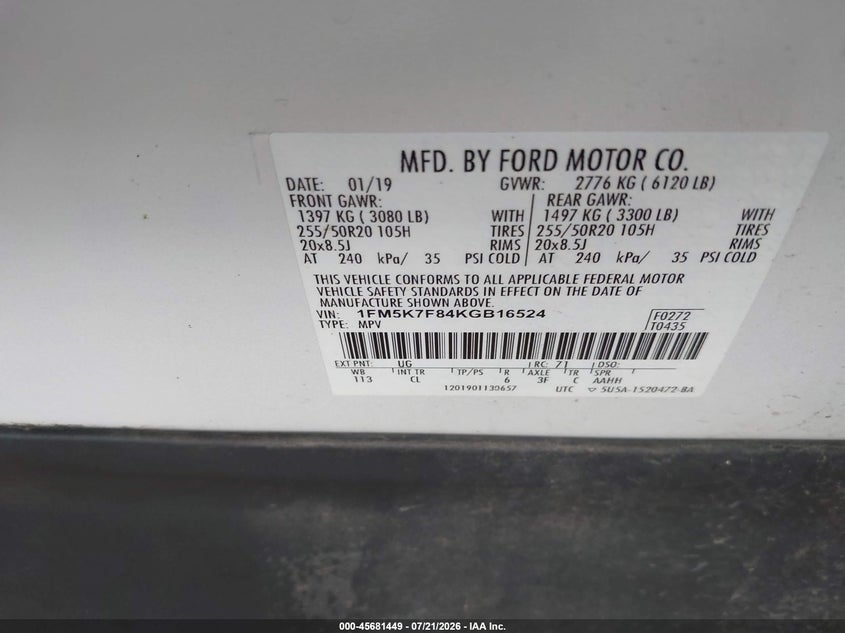 2019 Ford Explorer Limited VIN: 1FM5K7F84KGB16524 Lot: 45681449