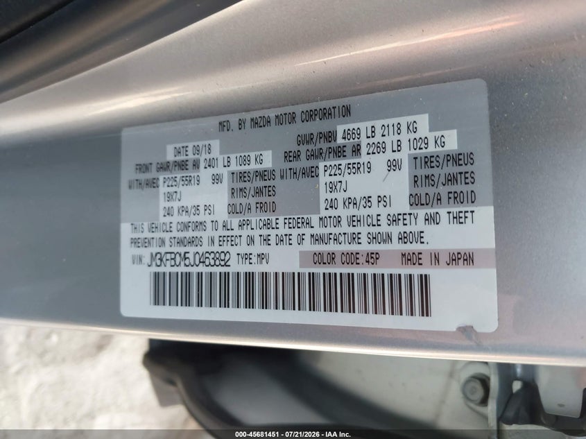2018 Mazda Cx-5 Touring VIN: JM3KFBCM5J0463892 Lot: 45681451