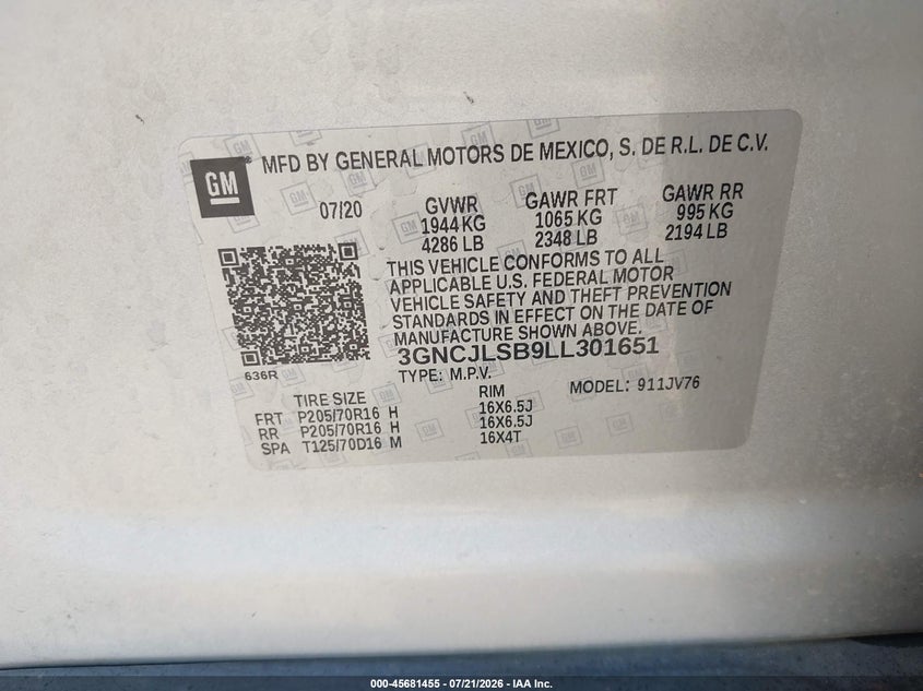 2020 Chevrolet Trax Fwd Lt VIN: 3GNCJLSB9LL301651 Lot: 45681455