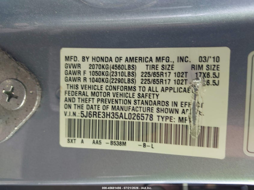 2010 Honda Cr-V Lx VIN: 5J6RE3H35AL026578 Lot: 45681456