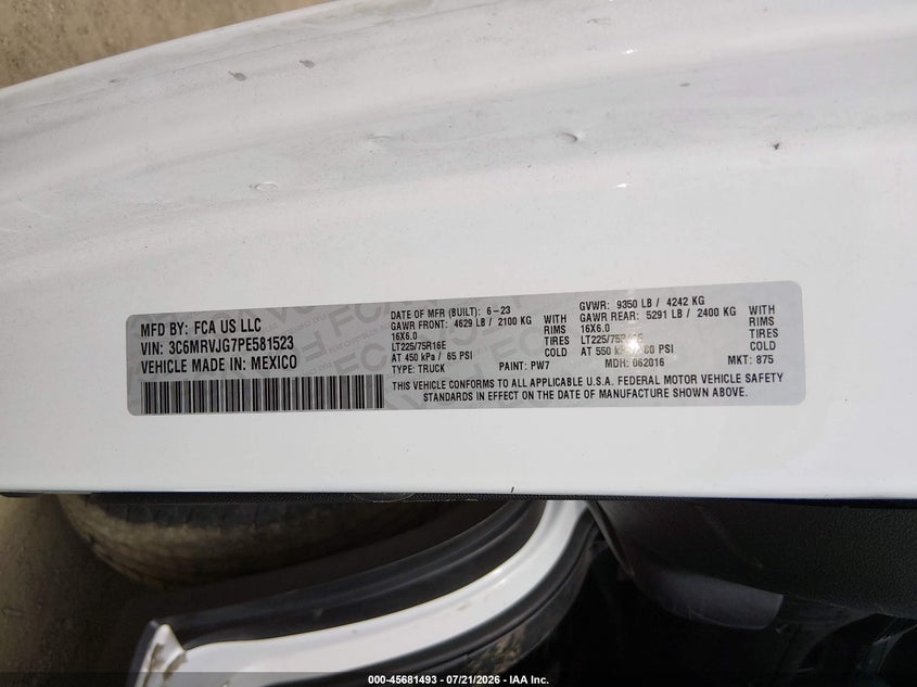 2023 Ram Promaster 3500 Cargo Van High Roof 159 Wb Ext VIN: 3C6MRVJG7PE581523 Lot: 45681493