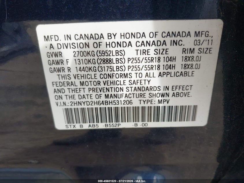2011 Acura Mdx Technology Package VIN: 2HNYD2H64BH531206 Lot: 45681520