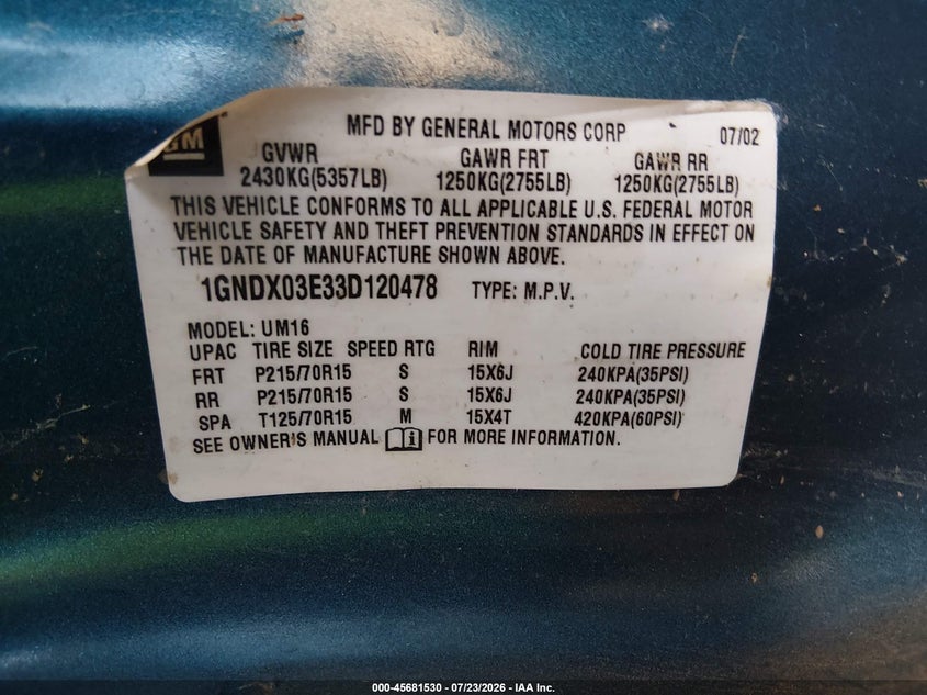 2003 CHEVROLET VENTURE VAN 3.4L V-6 185HP