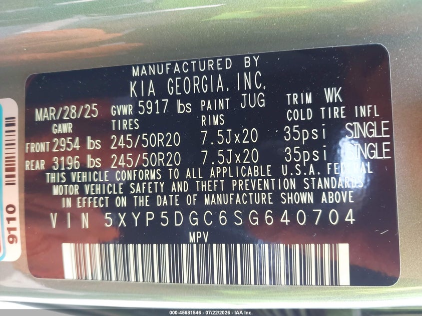 KIA TELLURIDE 2025 VIN 5XYP5DGC6SG640704