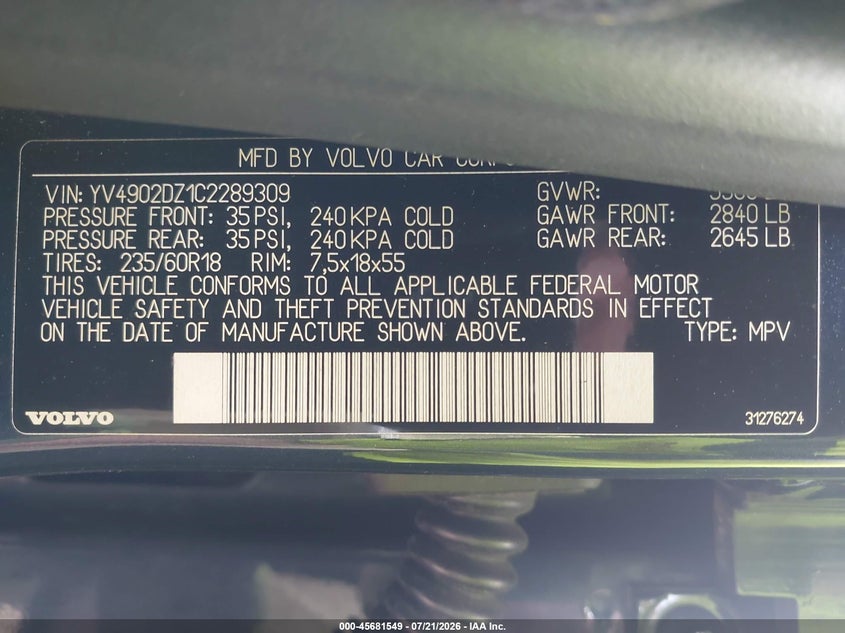 2012 Volvo Xc60 T6 Platinum VIN: YV4902DZ1C2289309 Lot: 45681549