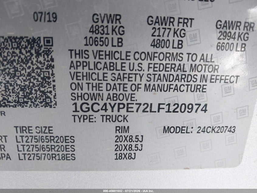 2020 Chevrolet Silverado 2500Hd 4Wd Standard Bed Ltz VIN: 1GC4YPE72LF120974 Lot: 45681552