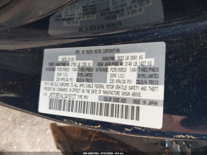 2020 Mazda Cx-9 Grand Touring VIN: JM3TCBDY4L0415107 Lot: 45681554