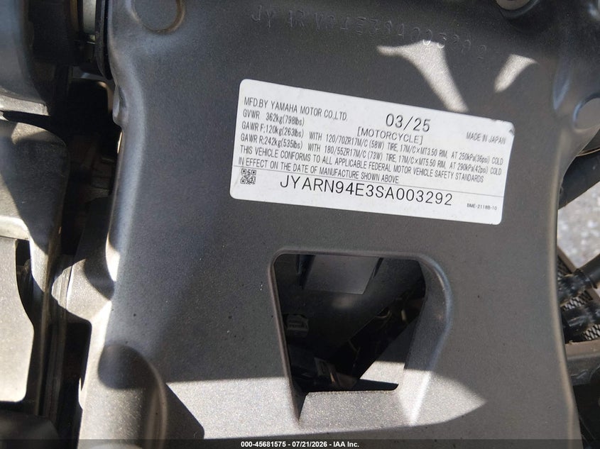 2025 Yamaha Mt09 VIN: JYARN94E3SA003292 Lot: 45681575