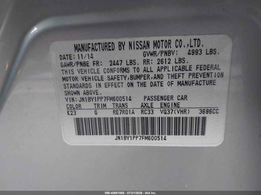2015 Infiniti Q70L 3.7 VIN: JN1BY1PP7FM600514 Lot: 45681580