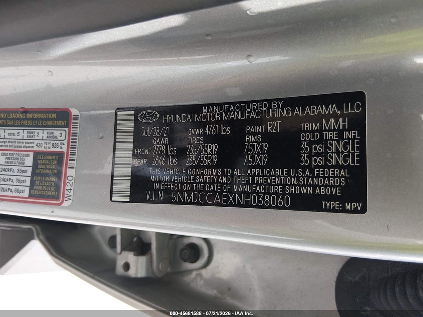 2022 Hyundai Tucson Sel VIN: 5NMJCCAEXNH038060 Lot: 45681588