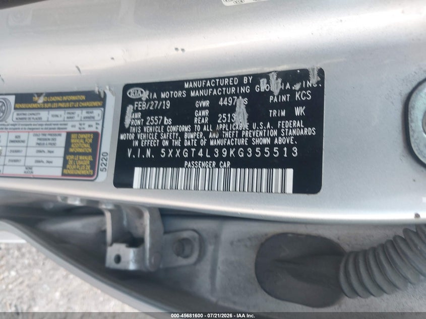 2019 Kia Optima Lx VIN: 5XXGT4L39KG355513 Lot: 45681600