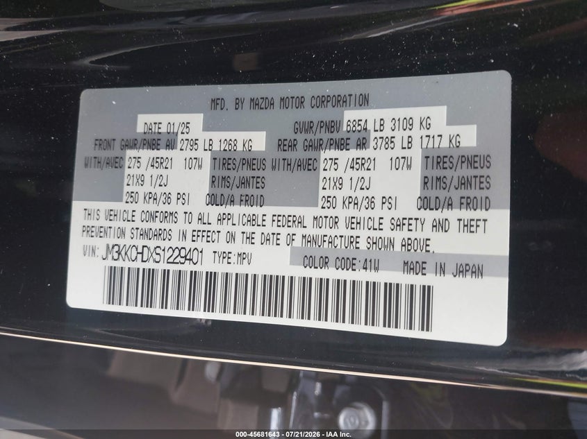 2025 Mazda Cx-90 3.3 Turbo Premium Sport VIN: JM3KKCHDXS1229401 Lot: 45681643