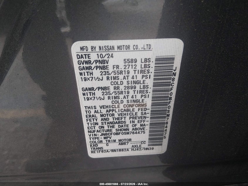 NISSAN ARIYA 2025 VIN JN8CF0BF0SM764475