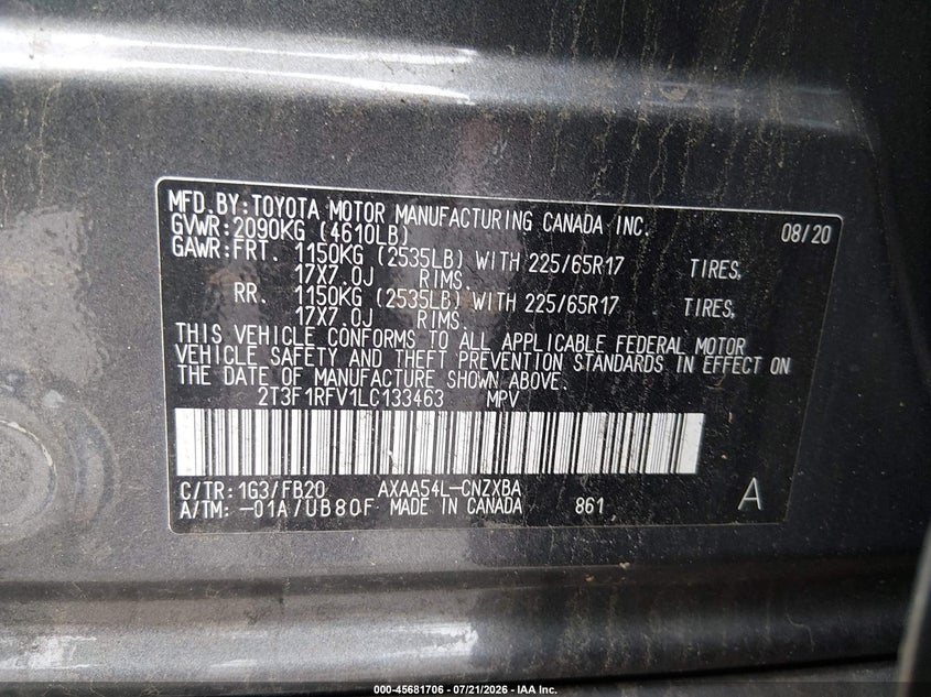 2020 Toyota Rav4 Le VIN: 2T3F1RFV1LC133463 Lot: 45681706