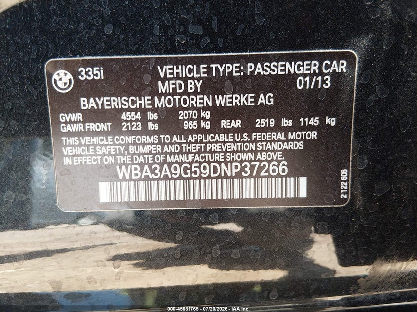 2013 BMW 335I VIN: WBA3A9G59DNP37266 Lot: 45681765