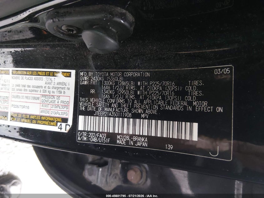 2005 Toyota Highlander V6 VIN: JTEEP21A350111908 Lot: 45681795