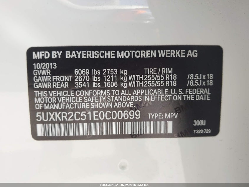 2014 BMW X5 Sdrive35I VIN: 5UXKR2C51E0C00699 Lot: 45681851