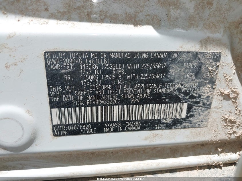2024 Toyota Rav4 Le VIN: 2T3K1RFV8RW322262 Lot: 45681852