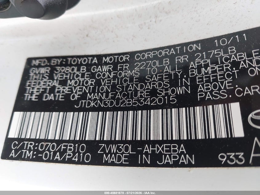 2011 Toyota Prius Three VIN: JTDKN3DU2B5342015 Lot: 45681878