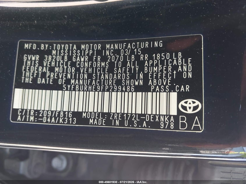 2015 Toyota Corolla Le VIN: 5YFBURHE9FP299486 Lot: 45681930