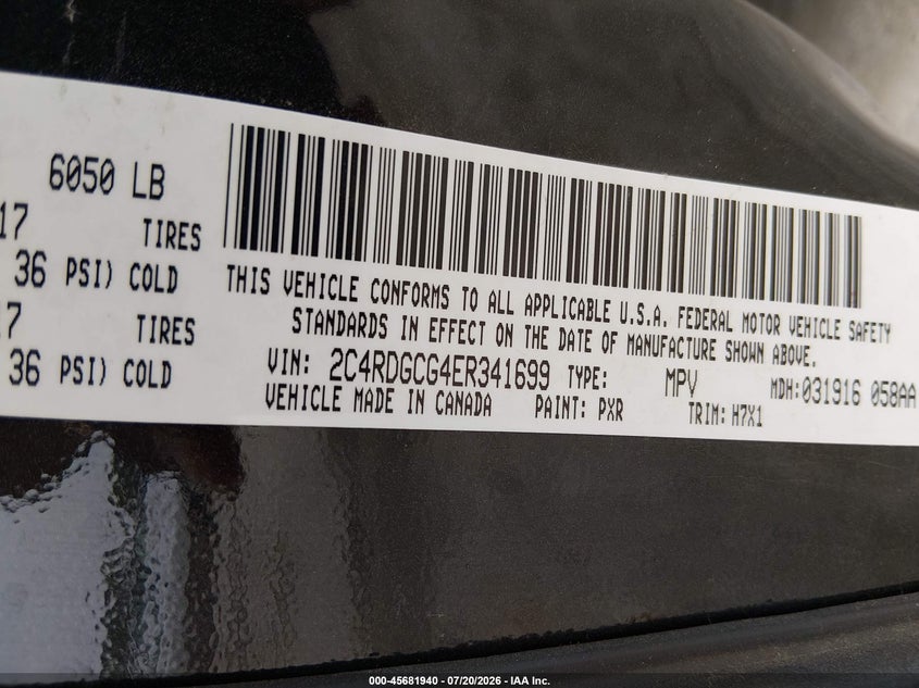 2014 Dodge Grand Caravan Sxt VIN: 2C4RDGCG4ER341699 Lot: 45681940