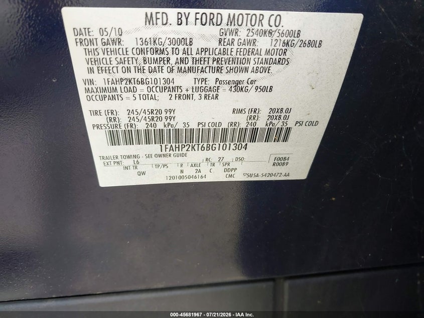 2011 Ford Taurus Sho VIN: 1FAHP2KT6BG101304 Lot: 45681967