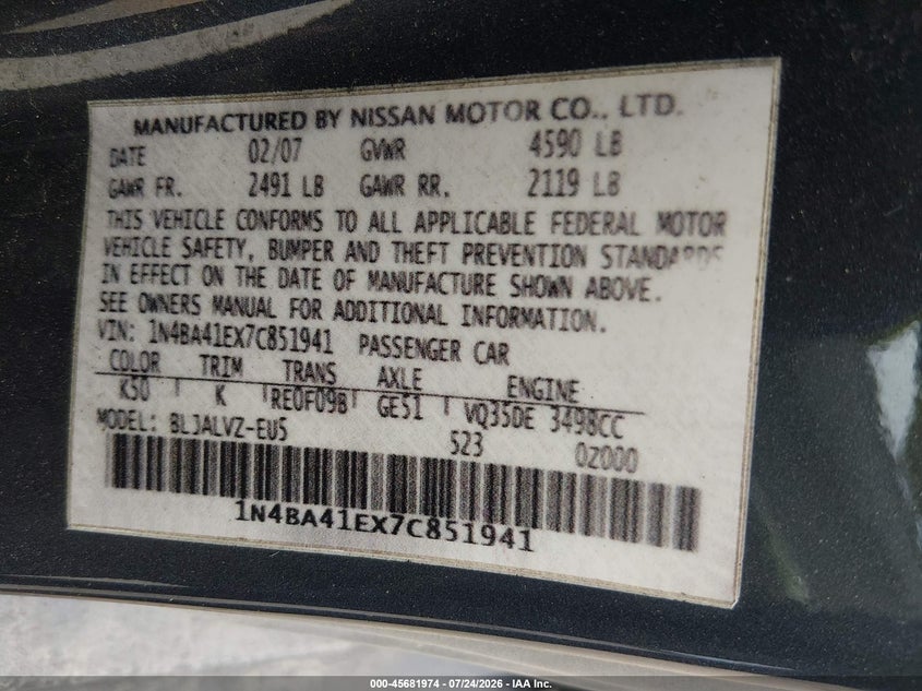 2007 NISSAN MAXIMA SEDAN 3.5L V-6 DOHC, VVT, 255HP